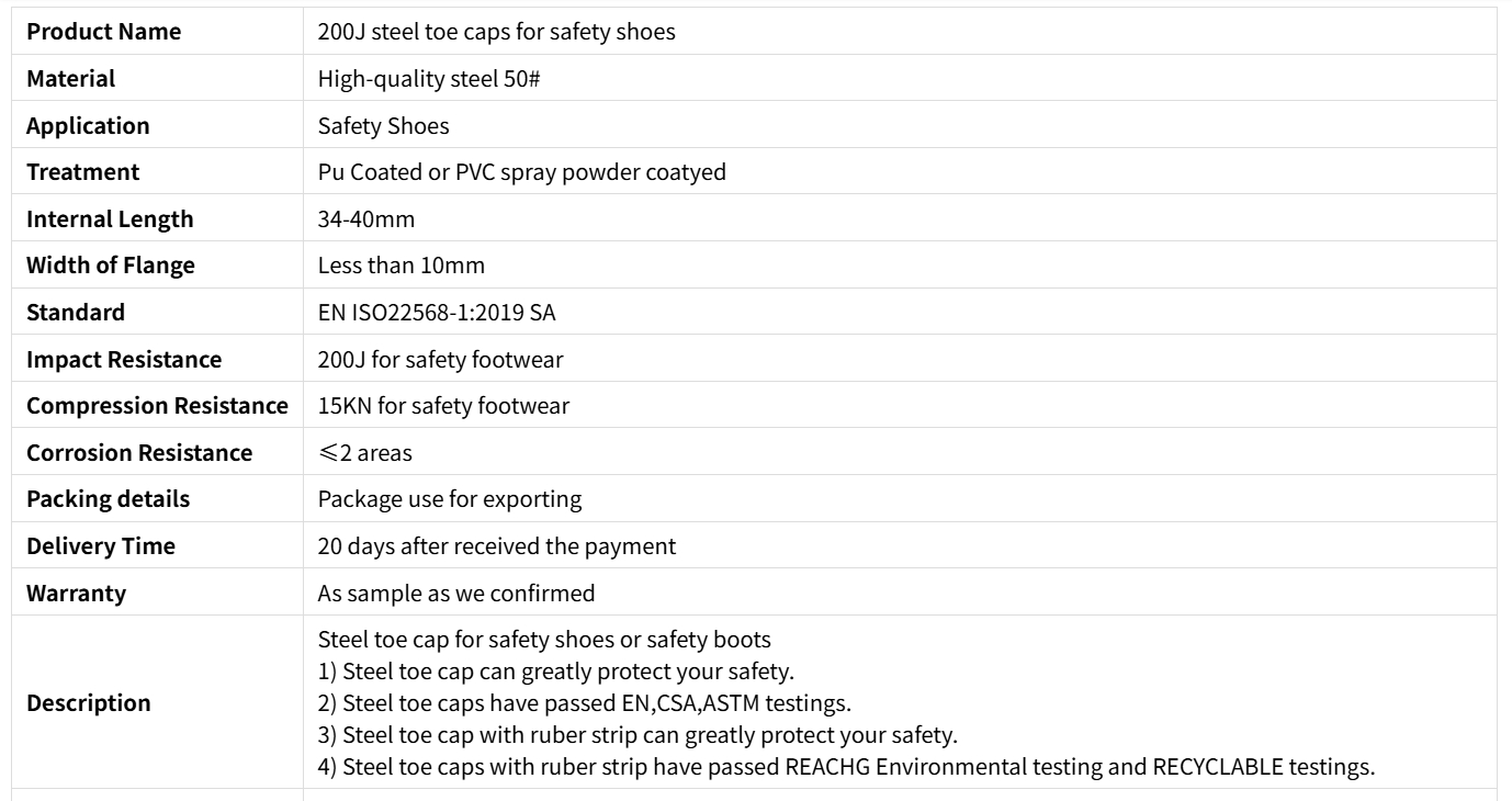 200J Caps Toe Steel untuk Sepatu Pengaman